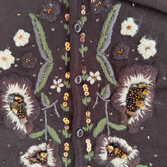 Vintage Y2K Brown Floral Embroidered Beaded Cardigan - Size Small - Picture 10 of 14